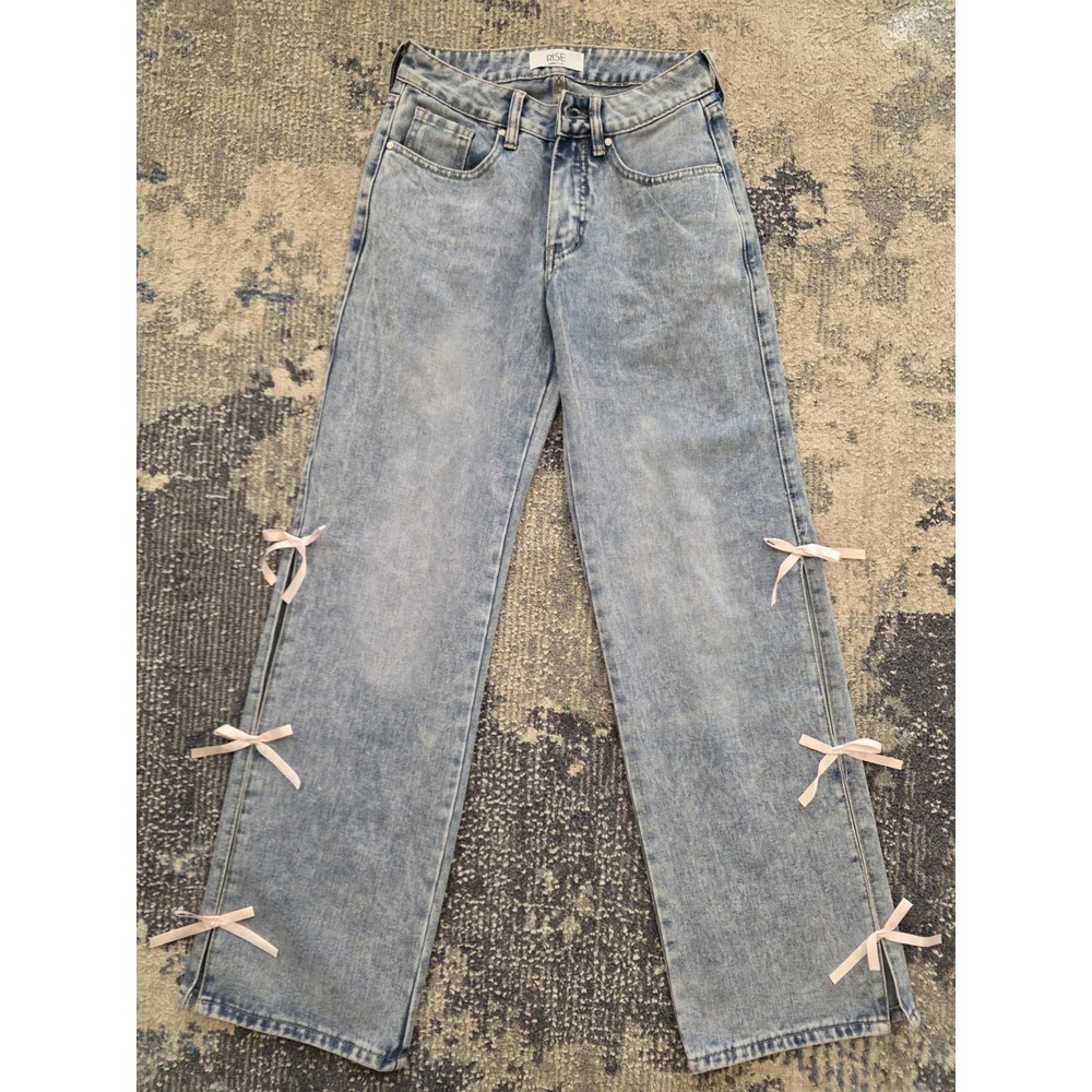 Rise Supply Co Jeans Size 0 Wide Leg Pink Bow Sides Medium‎ Wash